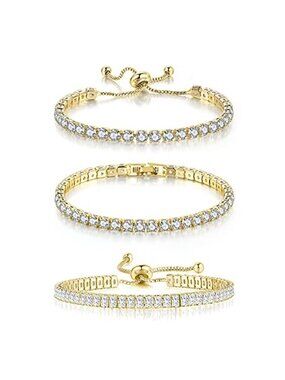 Womens Tennis Bracelet Gold Plated Cubic Zirconia Adjustable Slider Chain
